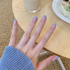 PD-56淡藍法式網紅假指甲貼穿戴甲美甲成品甲片指甲貼片批發