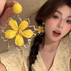 度假风编织太阳花朵耳环高级感海边夸张耳钉精致小众拍照绝美耳饰