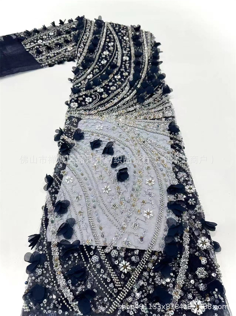 Tejido de bordado de tubo de perlas decalcado a mano diseño ligero lujoso de moda espectáculo de escenario vestido de tela de encaje