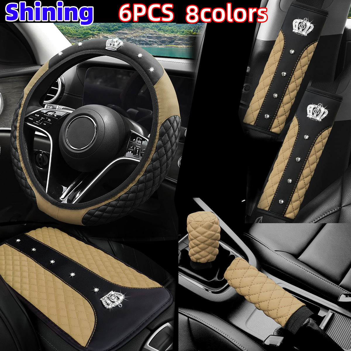 Cross-Border Popular Car Steering Wheel Cover, Leather Diamond-Encrusted Crown, Bubble Armrest Box Pad, Shoulder Protector, Seat Belt Cover Wholesale