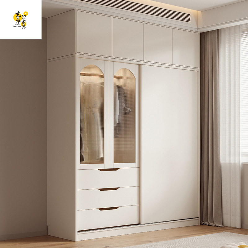 Integrated Wardrobe with Desk, Cream-Style Sliding Door Wardrobe for Home Bedroom, French-Style Cream-Style Glass for Small Apartments
