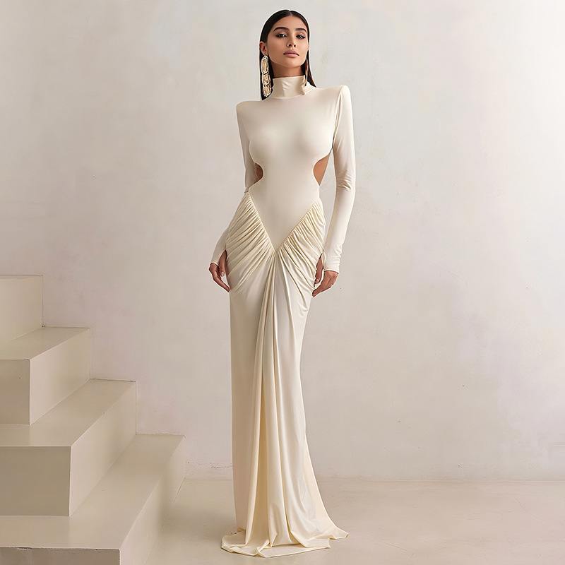2025 Cross-Border European and American Style Autum New Women's Elegant Pure Color High-Neck Long-Sleeved Pleated Backless Slim Dress