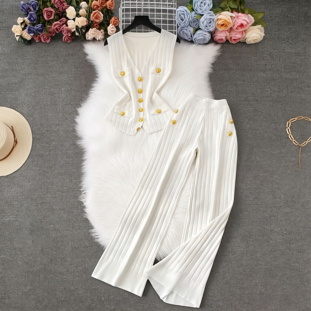 Women's Knitted Two-Piece Suit Fashionable Metal Buckle Woolen Top And Loose Wide Leg Pants High-End Pant Set_ecoleips.com