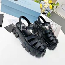 p家三角标编织罗马凉鞋女2025夏季新款镂空厚底松糕底休闲猪笼鞋