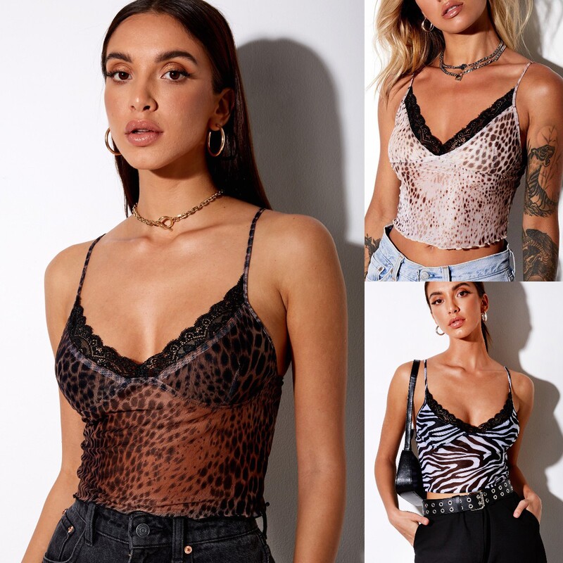 European and American strap top 2023 Summer new Amazon wish Sexy Slim printed lace stitching small strap