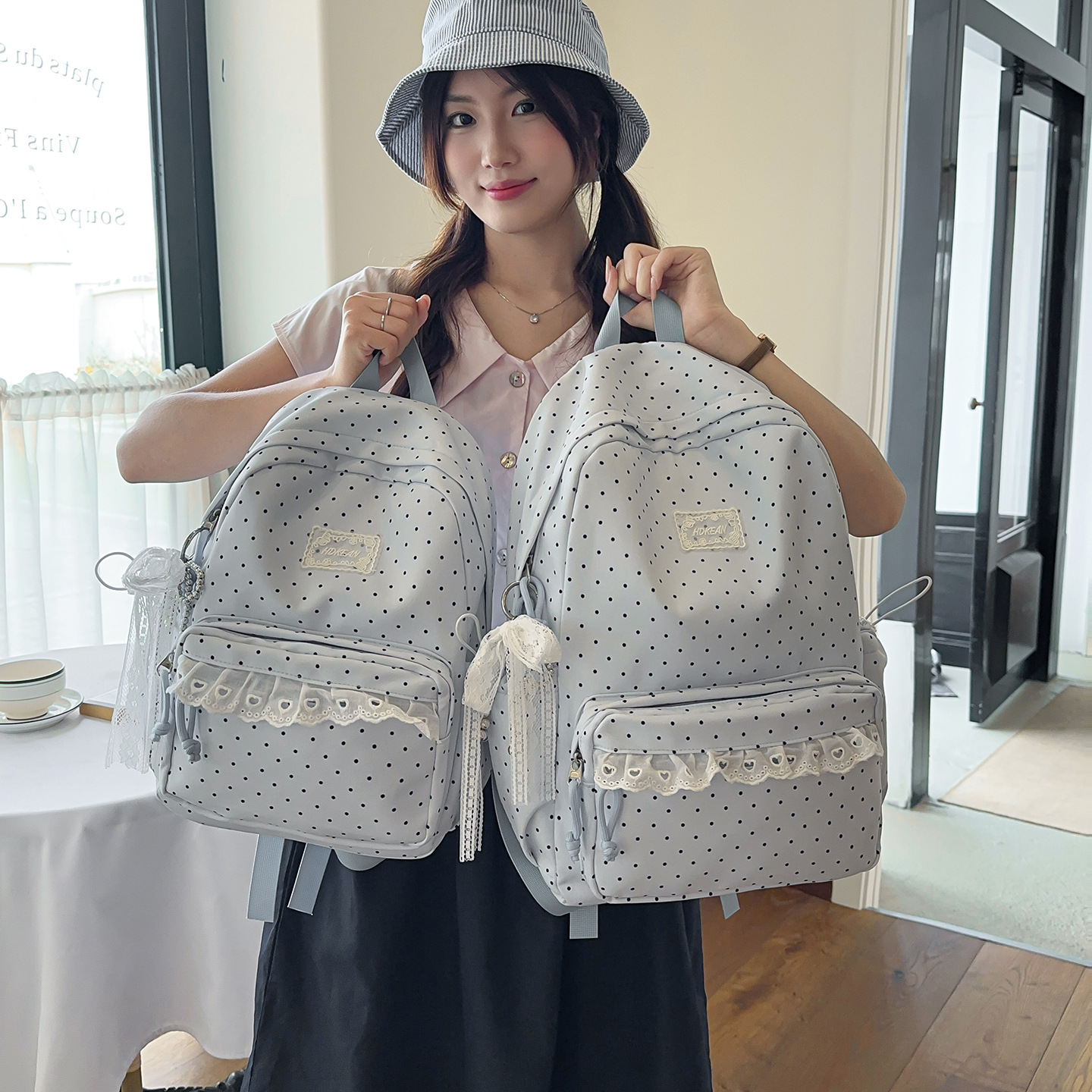 Korean-Style Ins College Style Polka Dot High-Appearance-Value Middle School Student Backpack Sweet Lace Soft Girl Style Travel Backpack