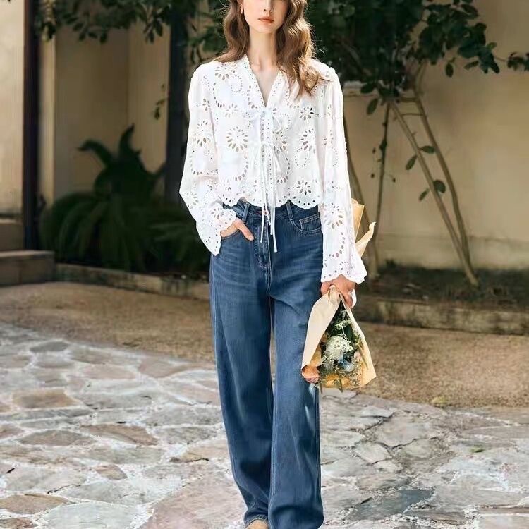 Creamy White Chiffon Shirt for Women, Spring 2026 New Style, Elegant Slim-Fit Hollow Lace Long-Sleeve Blouse