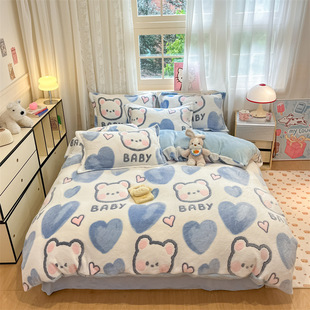 Winter snow velvet four-piece set thickened warm coral velvet double-sided velvet quilt cover three-dimensional cartoon milk velvet three-piece set