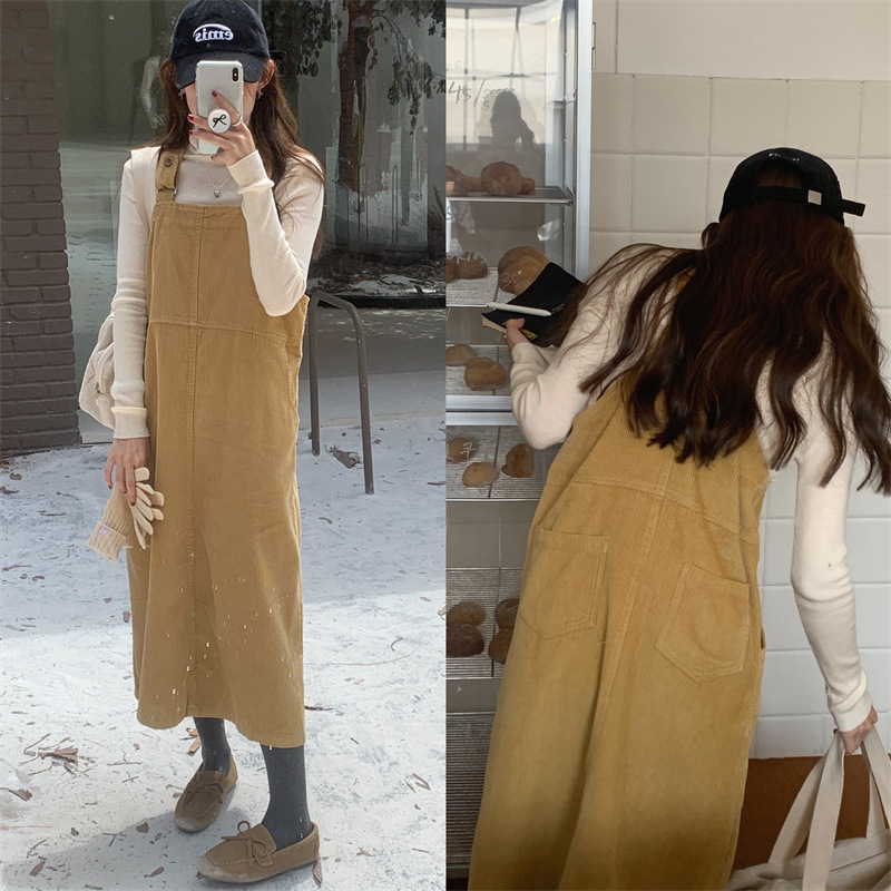 South Korea chic Spring and Autumn New Niche College style corduroy strap vest mid-length dress in stock