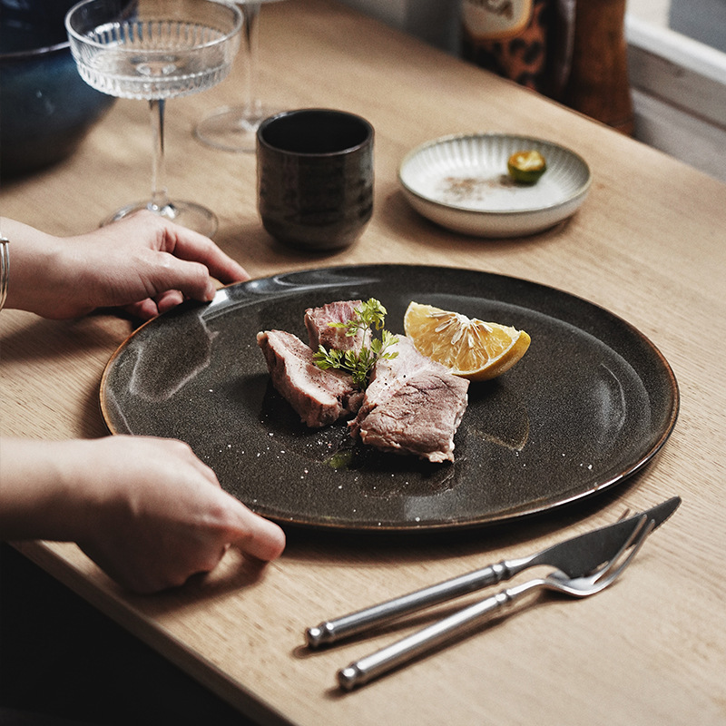 Plato de cena occidental Plato de carne Plato plano redondo Restaurante doméstico de alta gama Horno de cerámica transfronterizo Plato de verduras Plato de pasta de estilo europeo