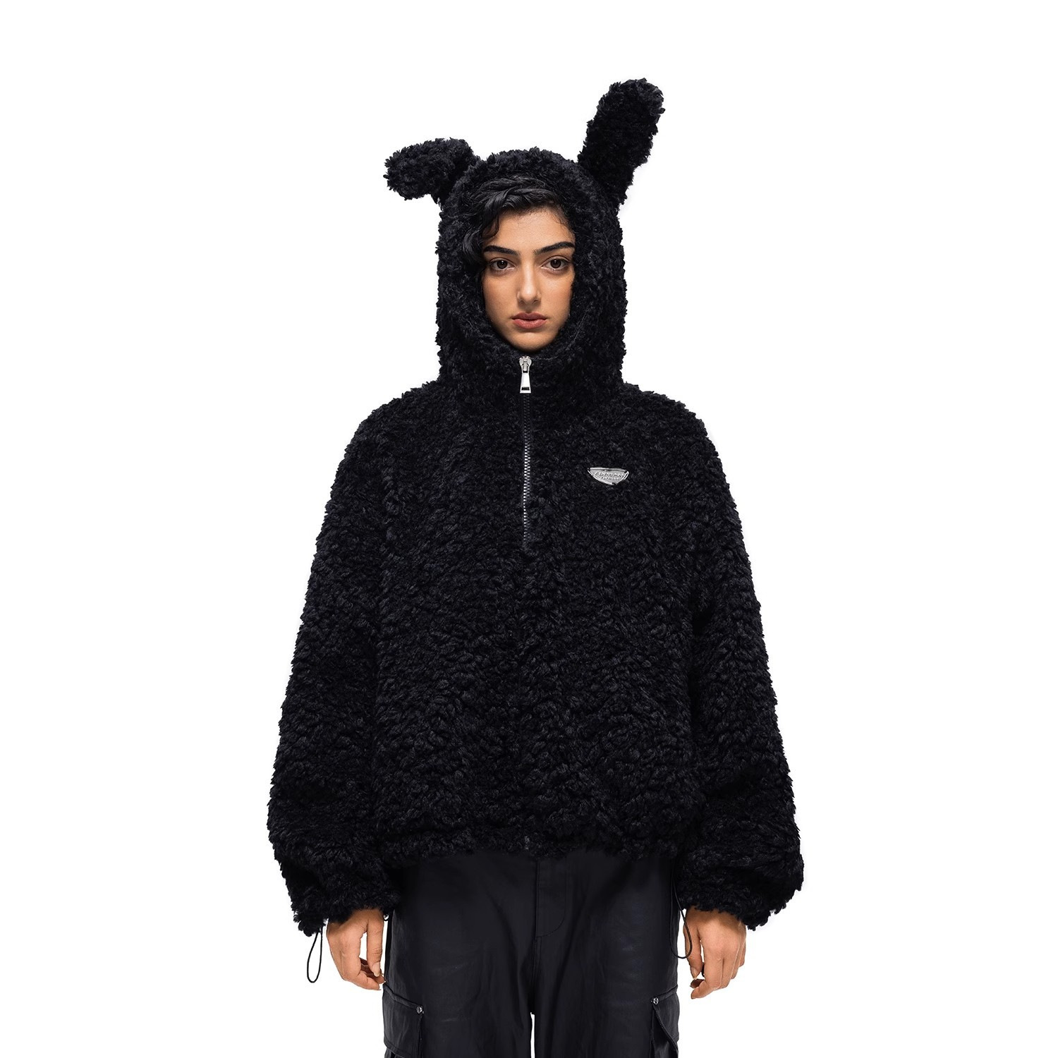 国潮美式兔耳毛绒连帽外套男女秋冬季加厚情侣装上衣棉衣卫衣