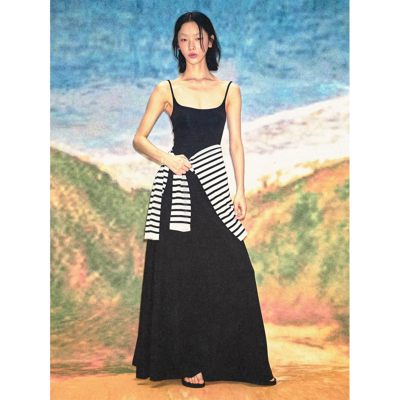 [Time] New Cotton Stretch Square Neck Sleeveless Sleeveless Long Dress with Artemiplar Knitted Sling Dress for Women V6056