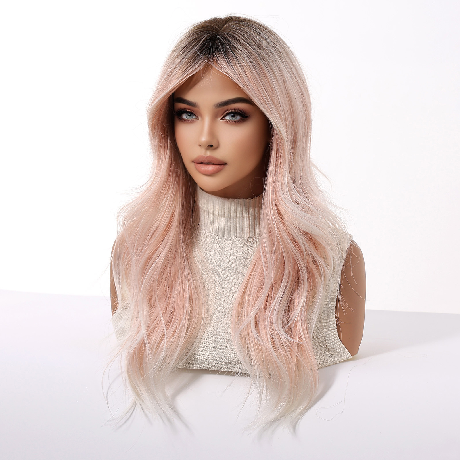 Europa y los Estados Unidos gradiente rosa pelucca de la mujer ondas de moda natural de Halloween en línea viento nuevo rizado largo cubierta de cabeza completa