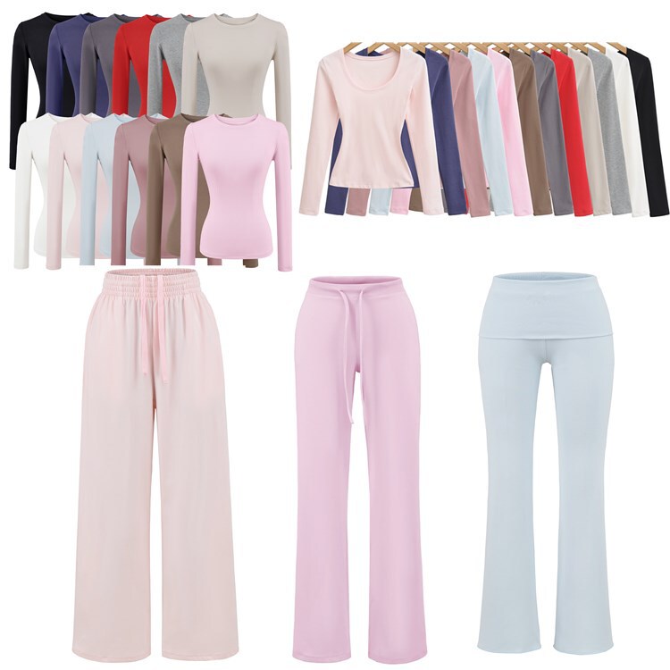 2025 New Spring and Autum Tight Long-Sleeved T-Shirt Wide-Leg Pants Slightly Spicy Pants Sexy Suit Women's Bottoming Shirt Casual Pants