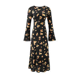 法式浪漫印花喇叭袖长袖连衣裙2025秋季新款圆领收腰修身气质长裙