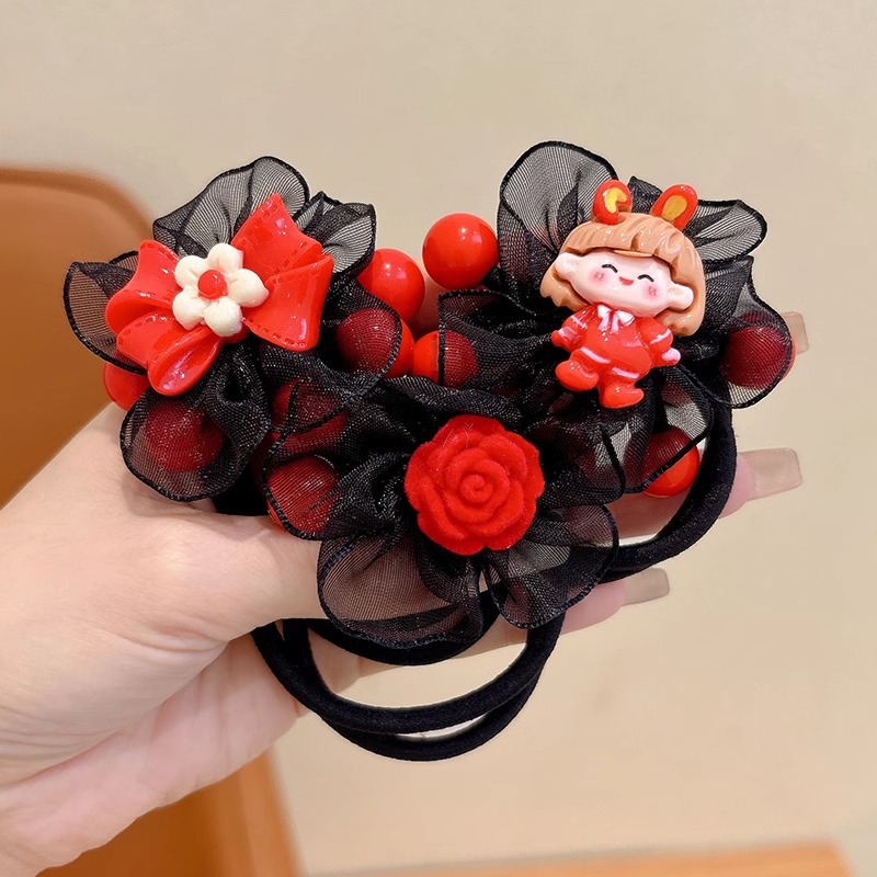 Hijo de malla roja flores anillo de cabello para niños de alta elasticidad arco cabello para niñas lindas correa de goma duradera
