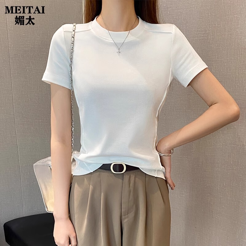 White Round Neck Fishbone Short-sleeved T-shirt Women's Spring and Summer Slim-fit Base Shirt with Slimming Top Trendy