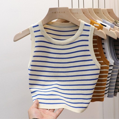 Southeast Asian Striped Vest Women's Short Slim Summer Round Neck Sleeveless Ice Silk Bottoming Knitwear Top
