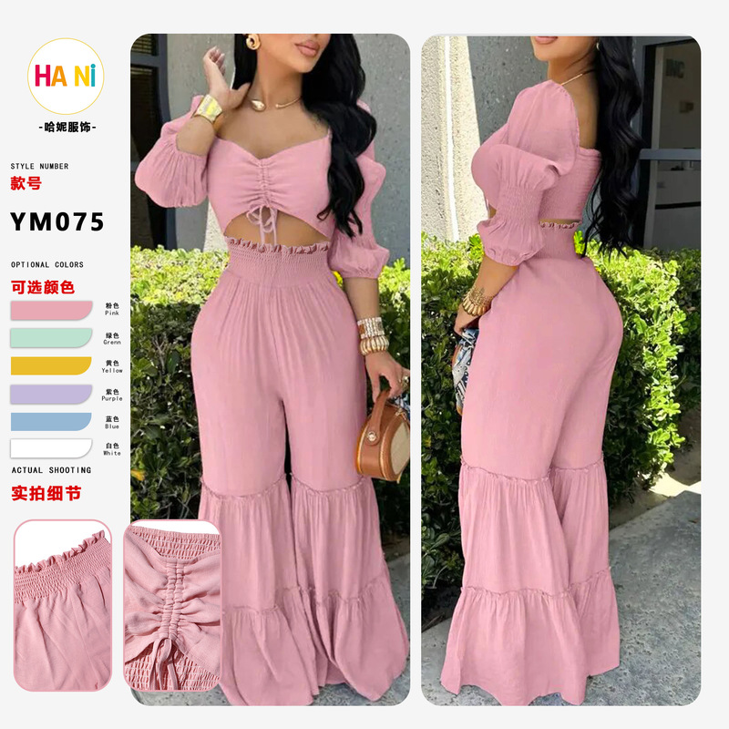 Ym075 Aliexpress European and American Casual Vacation Waist-Cinching Puff Sleeve Short Top and Ruffle Long Pants Set Ym075 Aliexpress European and American Casual Vacation Waist-Cinching Puff Sleeve Short Top and Ruffle Long Pants Set