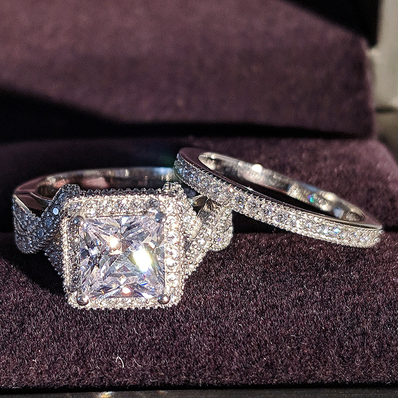 Global Best-Selling Amazon European and American Cross-Border Full Diamond Square Combination Ring Set for Women's Engagement Luxury Jewelry R4973