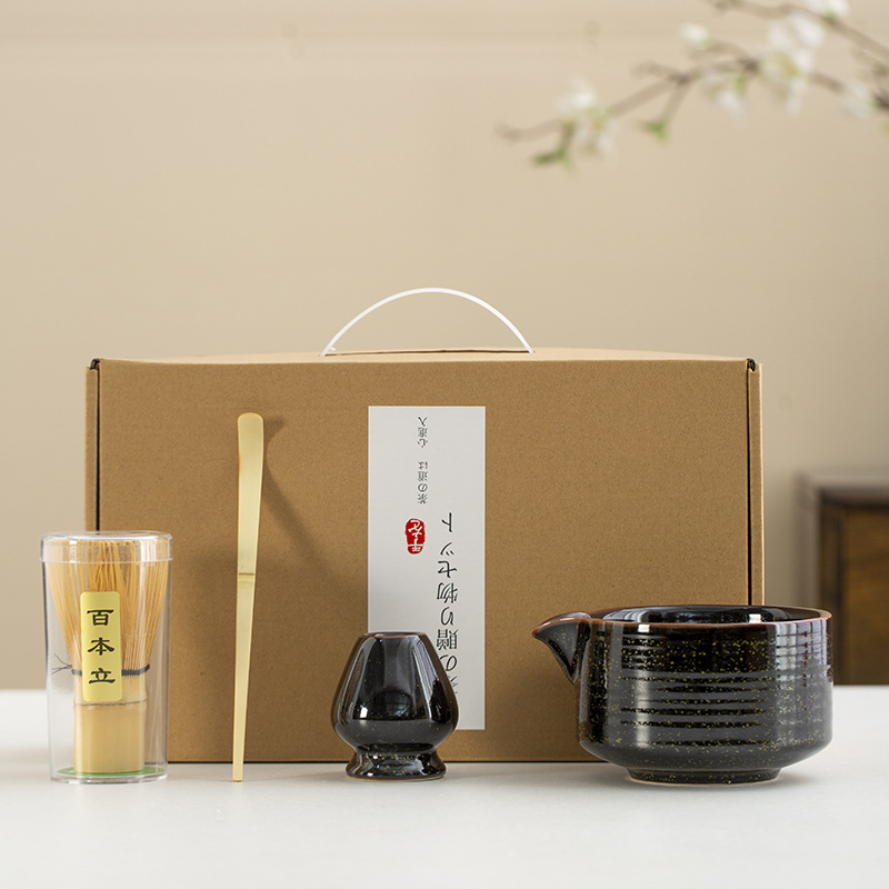 Juego de cuatro piezas de ceremonia del té de matcha, jaula de té de Baiben, tazón de té de pie, juego completo de combinación japonesa, té de punto, accesorios de jaula de té