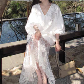 长期主义 钉珠刺绣亚麻长袖防晒衬衫蕾丝半身裙女秋气质套装 穿搭