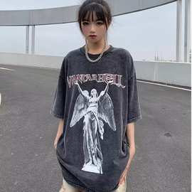 美式复古做旧水洗重金属乐队天使印花短袖T恤男女宽松hiphop半袖