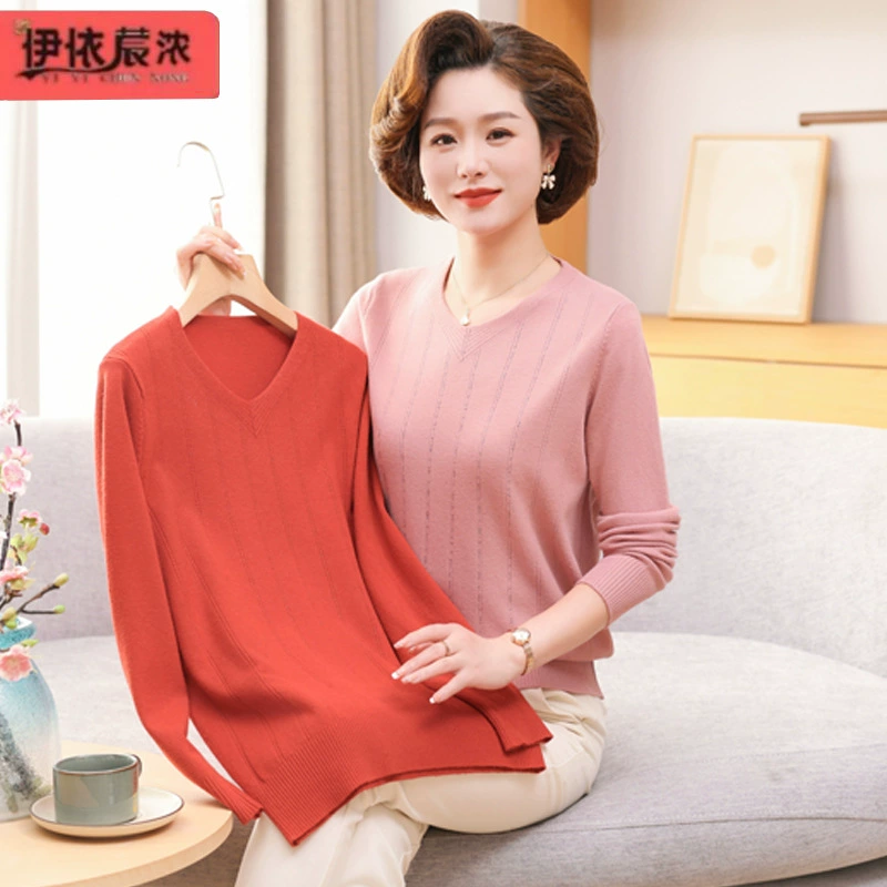 Новинка весны 2024, женский тонкий трикотажный топ, одежда для мам, для женщин среднего и пожилого возраста, Однотонная рубашка с эластичным низом и V-образным вырезом