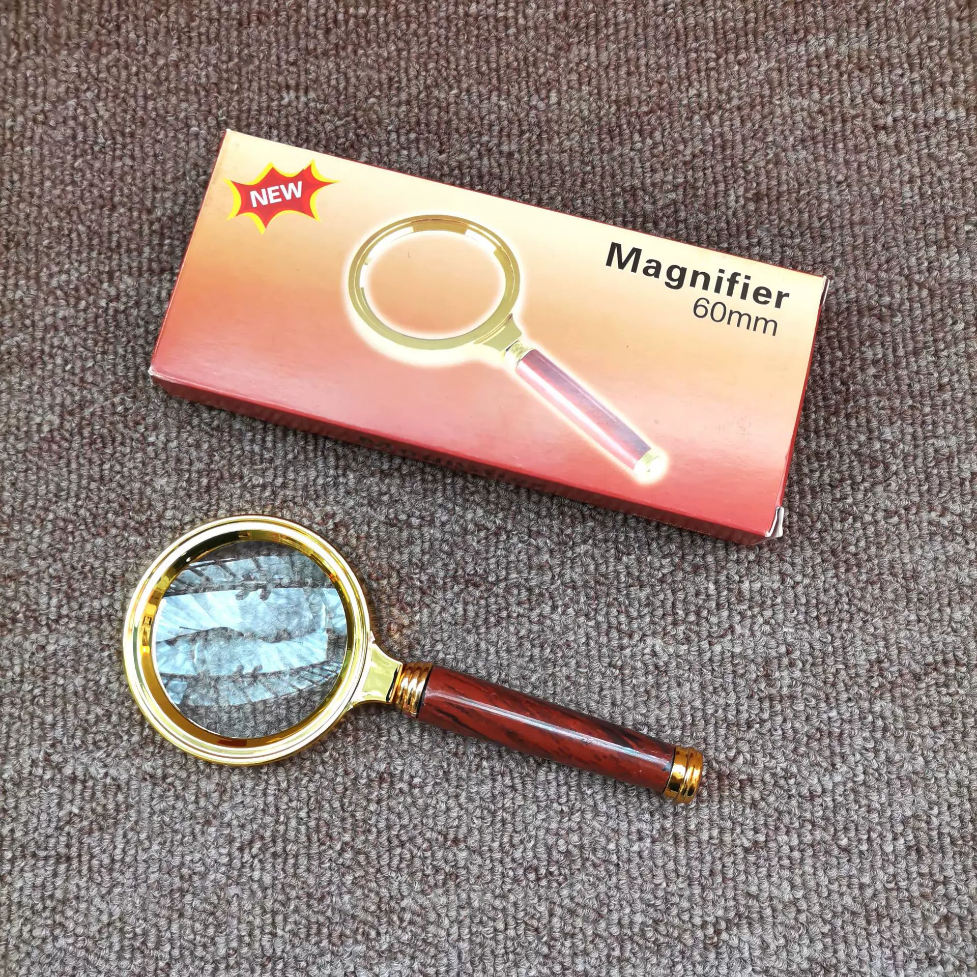 B35手持式金色木纹手柄复古玻璃高清放大镜60mm高倍老人阅读学生