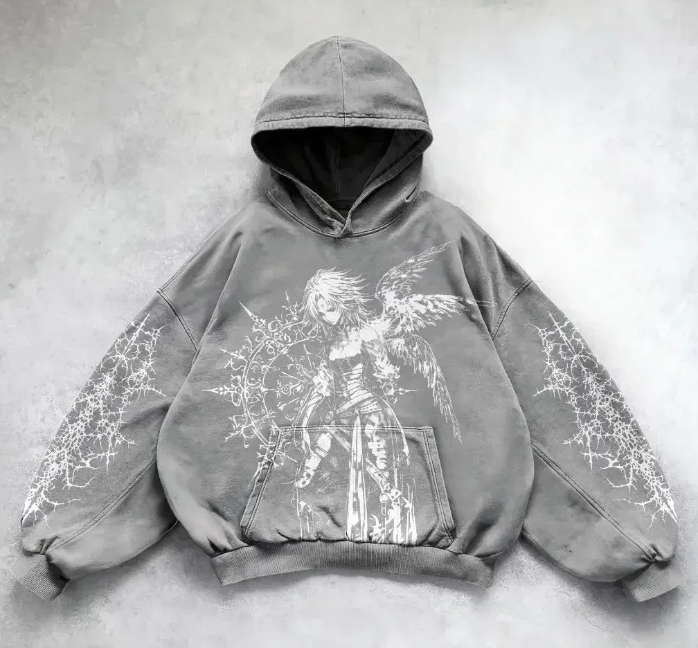 ​​Y2K Retro Punk Digital Print Hoodie - Gothic Couple Design Oversized Streetwear Sweatshirt, Unisex Vintage Style Pullover​​_viptrois.com