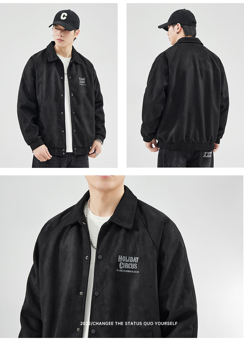 Veste de baseball à revers en fourrure de cerf vert gris pour hommes, ample, tendance automne et hiver, 380 g, américaine_voghion.com