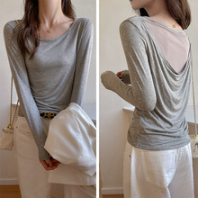 工厂早秋新款露背设计感长袖t恤女后背拼接网纱小心机内搭打底衫