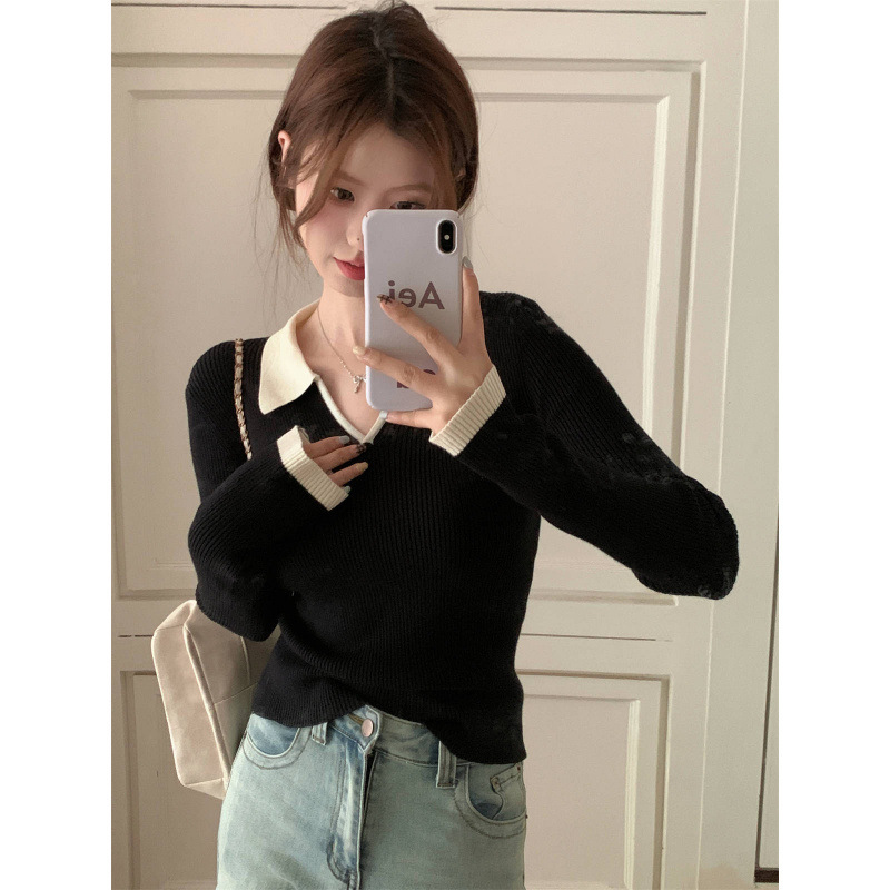气质撞色polo领针织衫女春秋韩系小众时尚修身内搭打底衫显瘦上衣|undefined