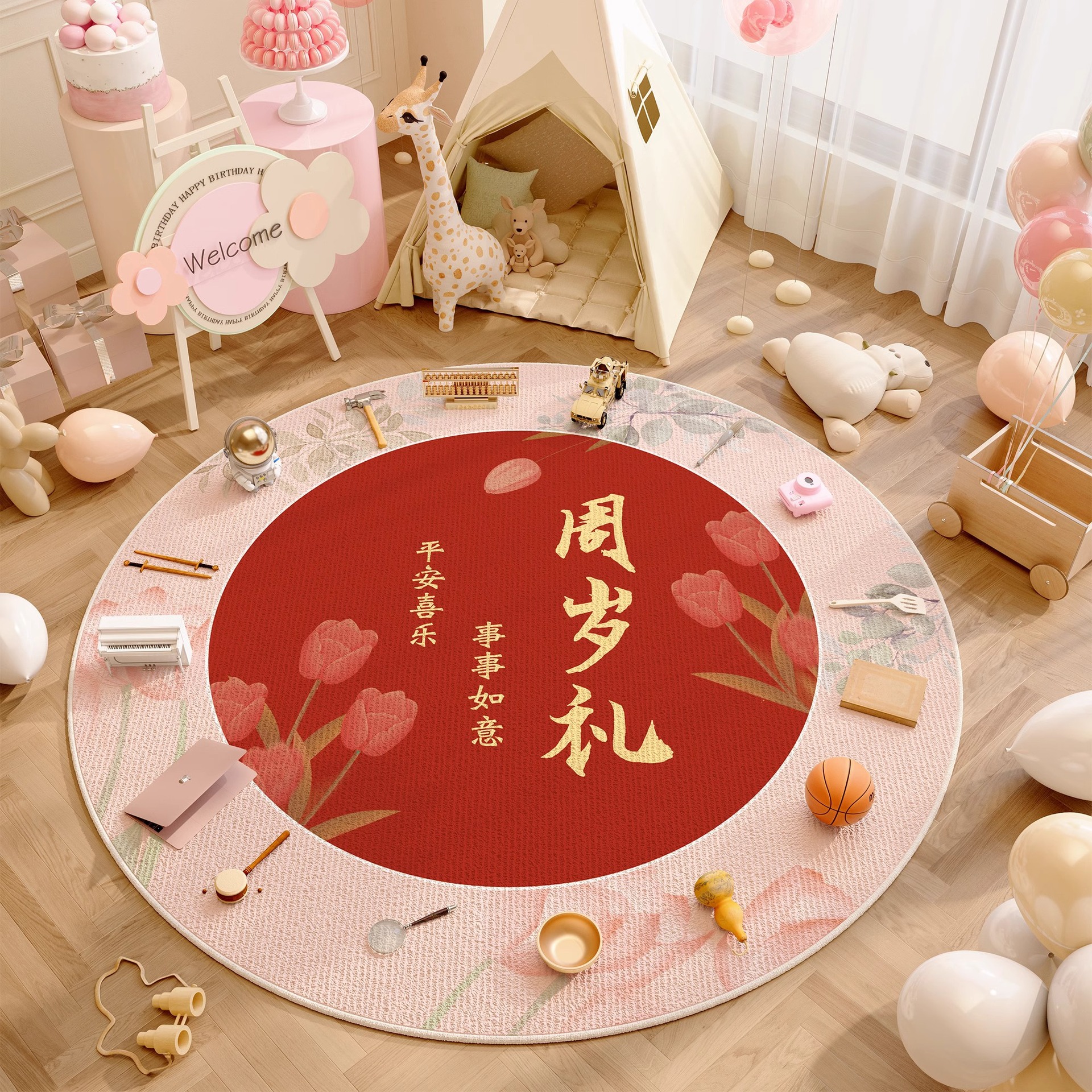 Casi alfombra de un año alfombra de cumpleaños props de diseño dragón bebé raspar la alfombra de la sala de estar para niños almohadilla redonda roja