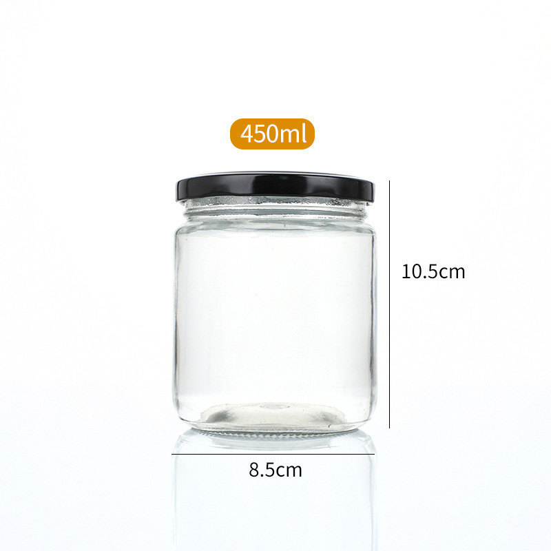 Botella de salsa redonda resistente a altas temperaturas sellada transparente resistente a altas temperaturas botella de melocotón amarillo enlatada botella de miel frutas botella de vidrio spot