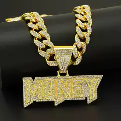 Trendy Full Iced Out MONEY Letter Pendant Necklace Hip Hop Rapper Cuban Link Choker Chain
