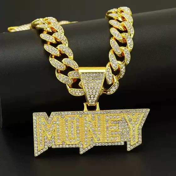 Trendy Full Iced Out MONEY Letter Pendant Necklace Hip Hop Rapper Cuban Link Choker Chain
