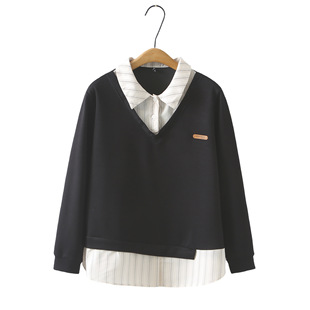 Spring New Large Size 100kg Fat mm Elegant Casual Leather Label Fake Two-Piece Shirt Casual Women's Top 6278