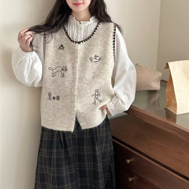 韩系卡通刺绣无袖针织马甲背心女秋冬新款减龄显瘦叠穿马夹上衣女|undefined