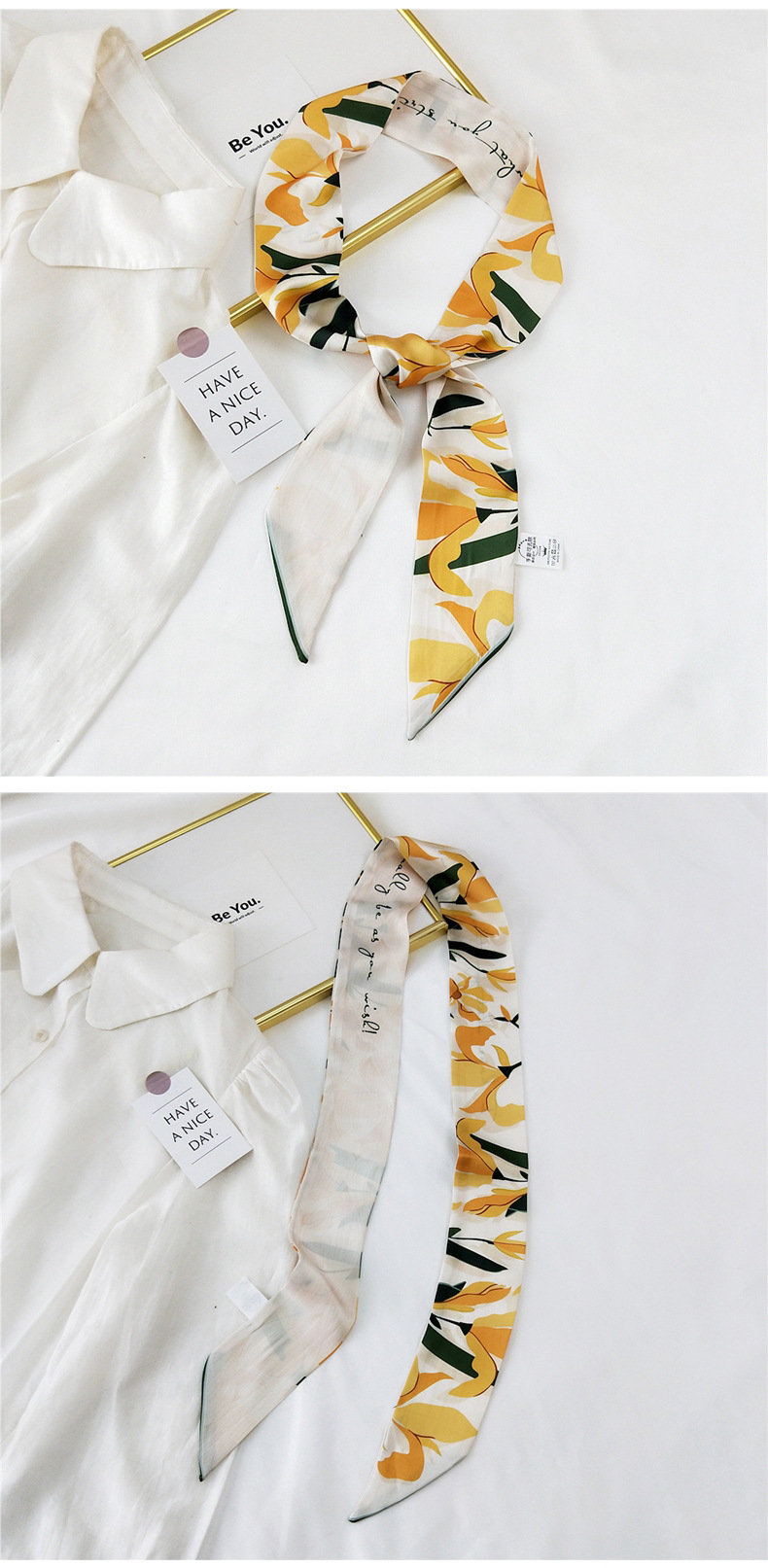 30g Weight Silk Scarf Classification Travel Occasion Unisex Gender Sweet Style White, Red, Green, Blue, Gold Color New Long Korean Style Fashion Printing Silk Scarf 7