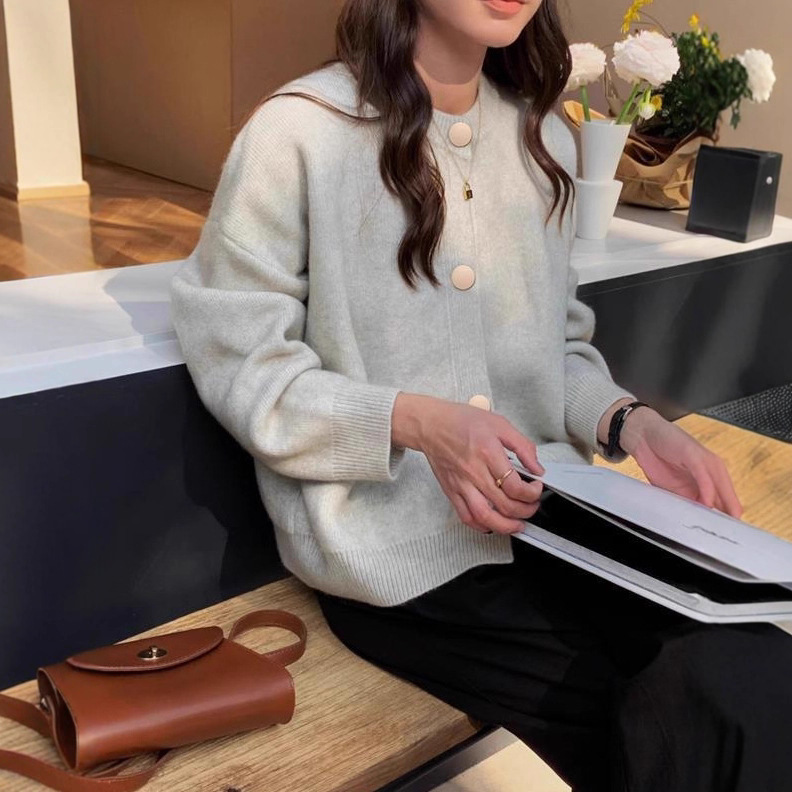 针织开衫女装2025秋冬季韩版纽扣优雅时尚上衣外套毛衣慵懒风圆领|undefined