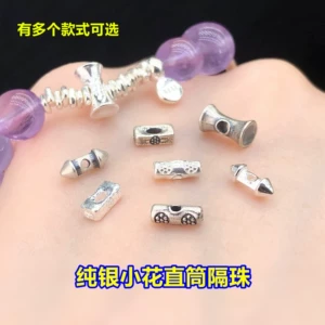 s925 pure silver small flower slim waist straight tube beads crystal decorative beads for DIY accessories for woven bracelets and necklaces