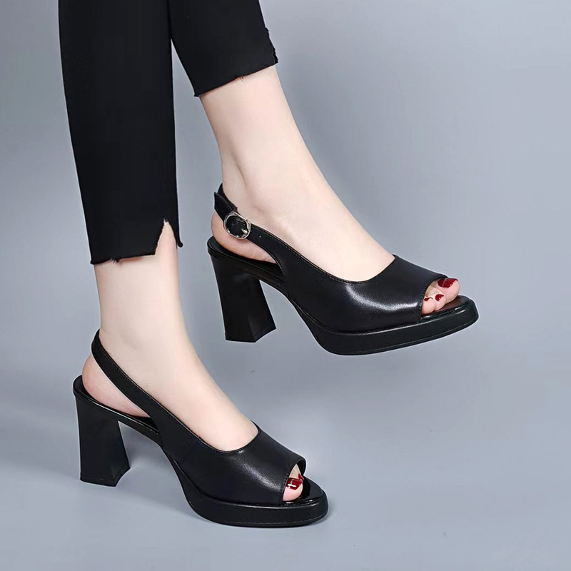 Sandal quai ngang nữ mùa hè da thật gót wedge đế dày phong cách La Mã — Màu đen
