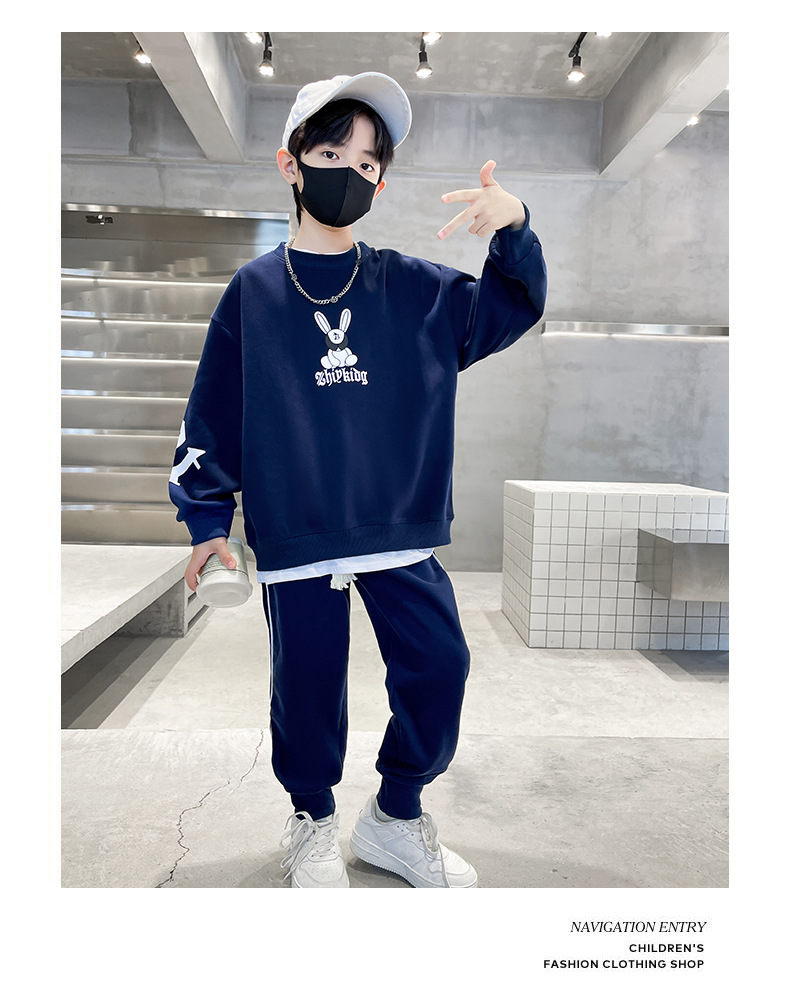 Spring and Autumn Set, Big Boys 2023 New Leisure Children's Rabbit Printed Sweater Two Piece Set Trendy_voghion.com