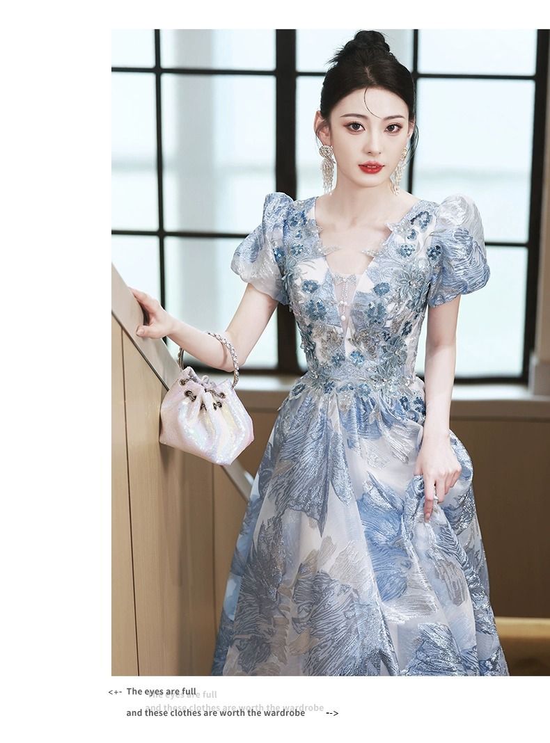 Đầm dạ hội ôm body màu xanh cao cấp, tay dài, phong cách thanh lịch — Màu xanh lam tiên khí chi tiết 16