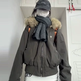 美式复古座山雕大毛领棉服女冬季派克服宽松加厚短款工装情侣外套