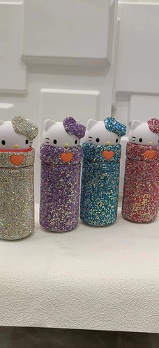 Stylish Diamond-embellished Cartoon KT Vacuum Insulated Cup for Children, Portable Water Bottle, Stainless Steel, Diamond-embellished Gift