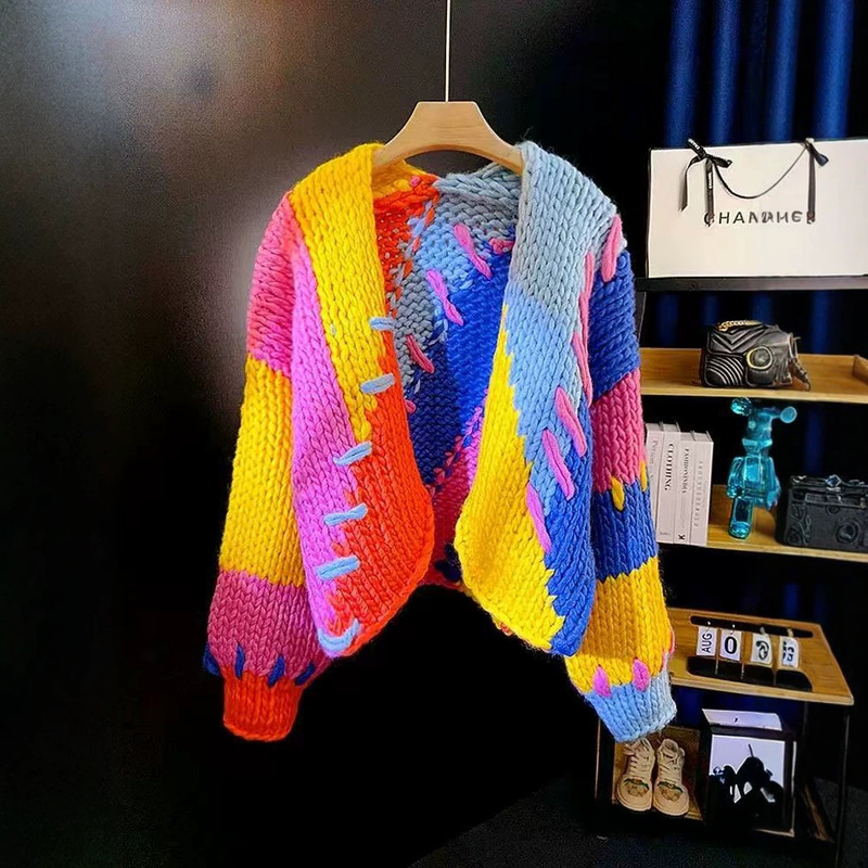In-Stock Cross-Border Rainbow Striped Heavy-Duty Handmade Thick-Knit Sweater Coat for Dropshipping