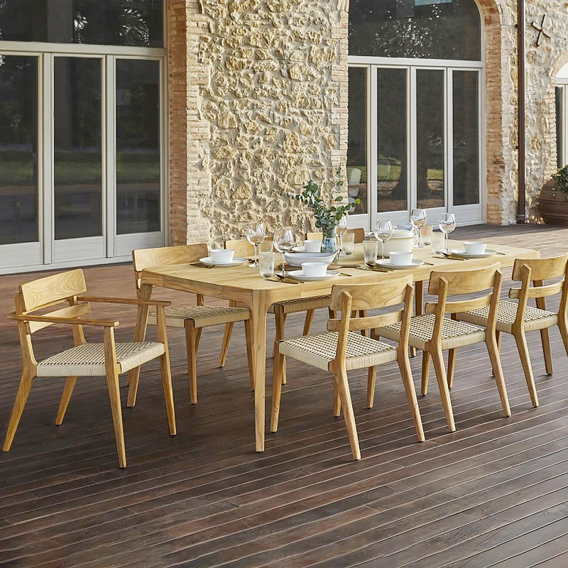 Mesas y sillas de madera maciza al aire libre Mesas y sillas de comedor de jardín al aire libre Mesas y sillas de madera de ratán de patio Mesas y sillas de teca de balcón Juego de tres piezas