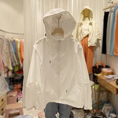 ホワイト巾着フード付きジャケット女性の夏薄いカジュアルルーズ屋外日焼け防止服スポーツジャケットトップ